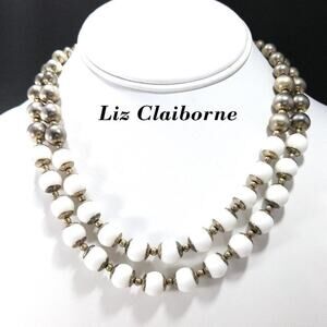 Vintage Liz Claiborne White Lucite Beaded Necklace, Silver Tone, 19 In